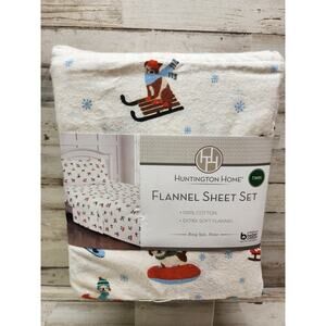 Huntington Home 3 PC Twin 100% Cotton Flannel Sheet Set Dog Fun In The Snow